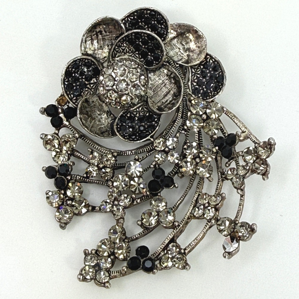 Rhinestone Floral Spray Brooch Vintage Silver Tone Black Clear BIG 2.5"